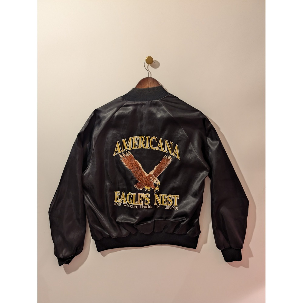 Auburn Sportswear Satin Bomber Jacket Mens L Black Excellent Americana Eagle 90s